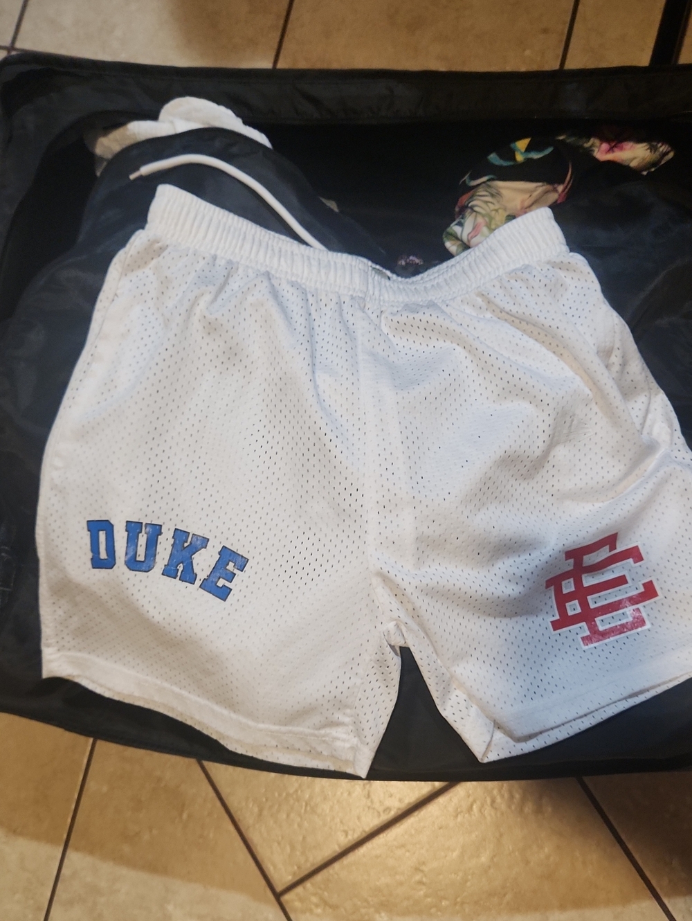 Eric Emanuel White Mesh Shorts with Blue DUKE and Red EE Logo